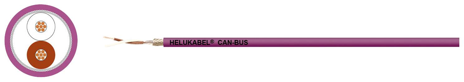 Coupe d'un câble de la marque 'Helukabel', étiqueté 'CAN BUS', présentant un revêtement violet et deux fils isolés à l'intérieur.