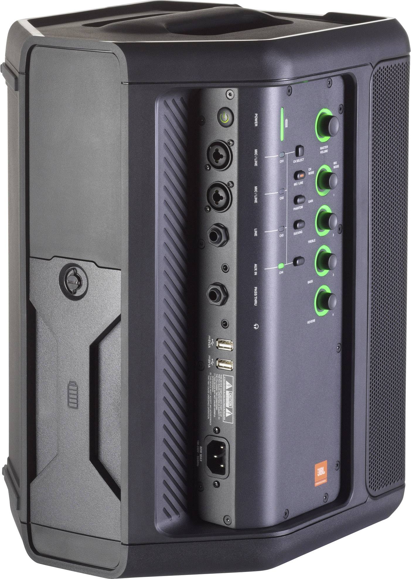 Enceinte portable vue de côté, présentant plusieurs entrées et des indicateurs de statut verts sur la console de commande.