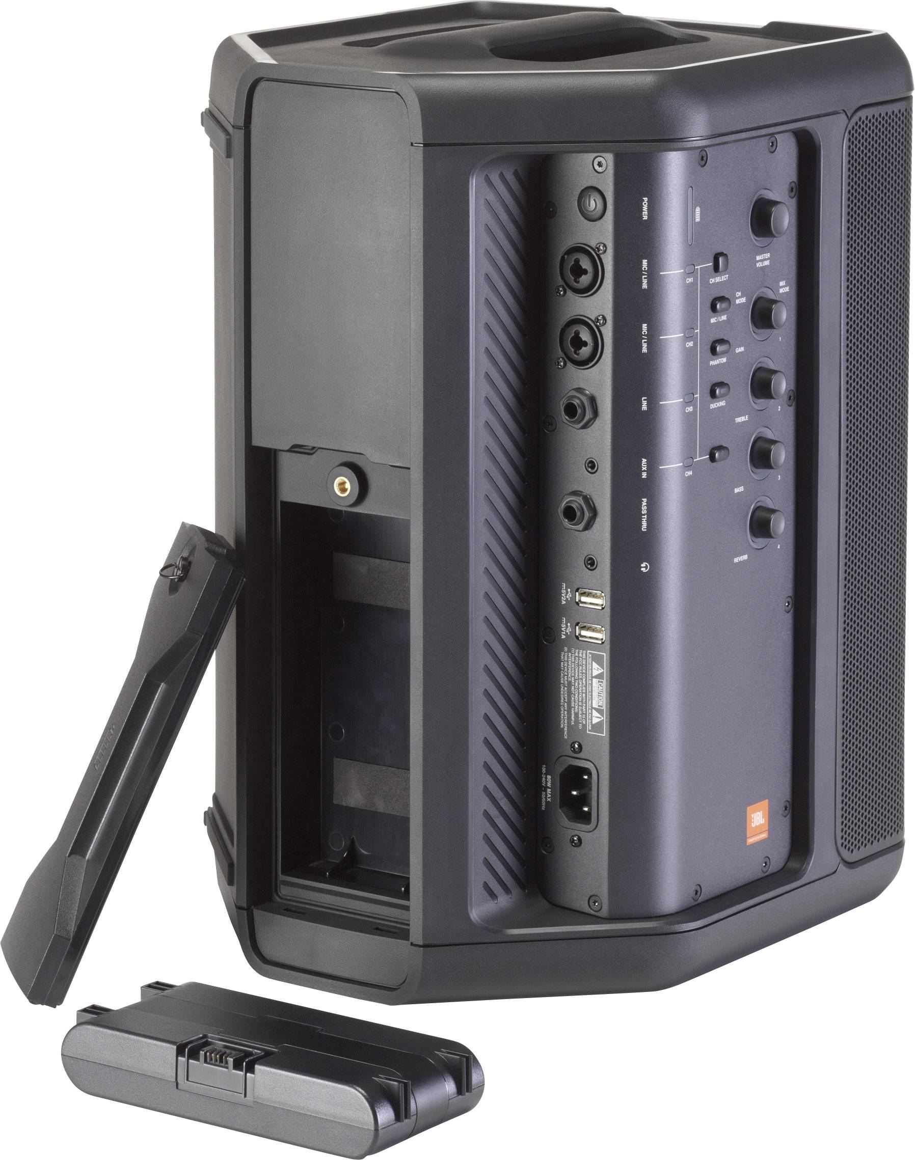 Enceinte portable avec batterie amovible. Présente les connexions et les commandes pour le microphone et le volume à l'arrière.