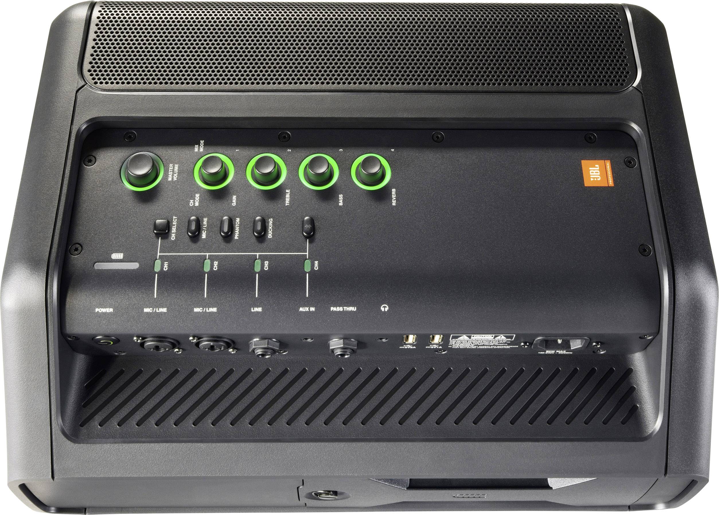 Un haut-parleur noir avec plusieurs réglages et interrupteurs verts sur la façade, adapté aux applications audio professionnelles.