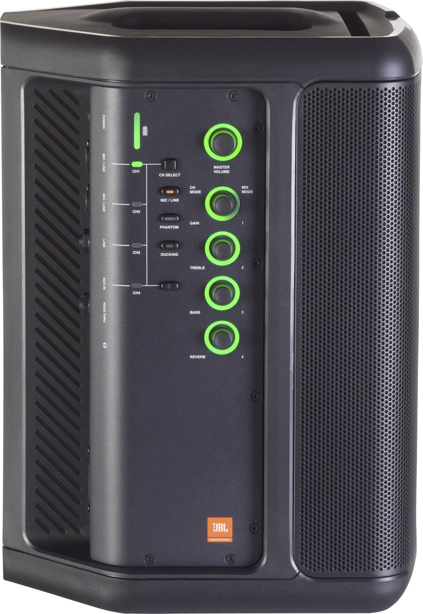 Enceinte portable noire avec grilles latérales et anneaux lumineux verts autour des boutons. Posée verticalement sur une surface.