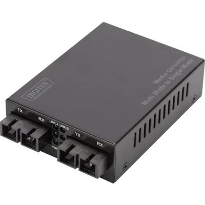 Un convertisseur média noir portant l'inscription « Multi Mode to Single Mode », doté de ports d'entrée et de sortie sur la façade.