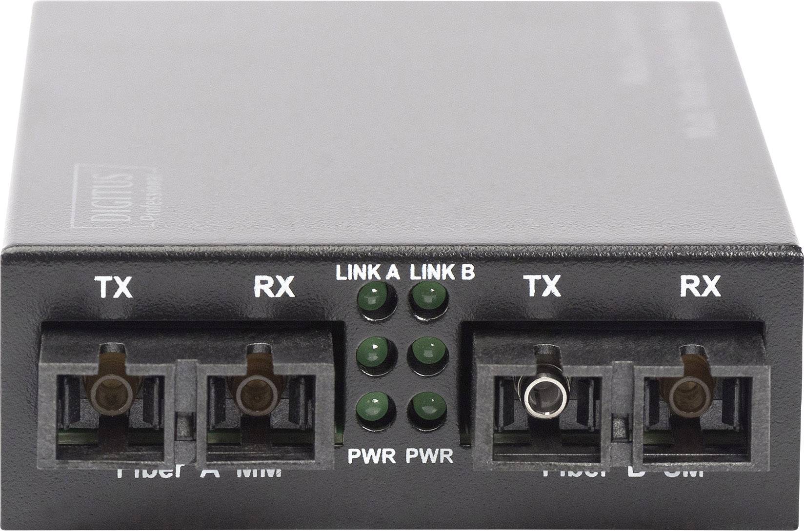 'Convertisseur média avec deux connexions à fibre optique (Fibre A et B) pour TX (Transmission) et RX (Réception) et six voyants LED pour les connexions et l'alimentation.'
