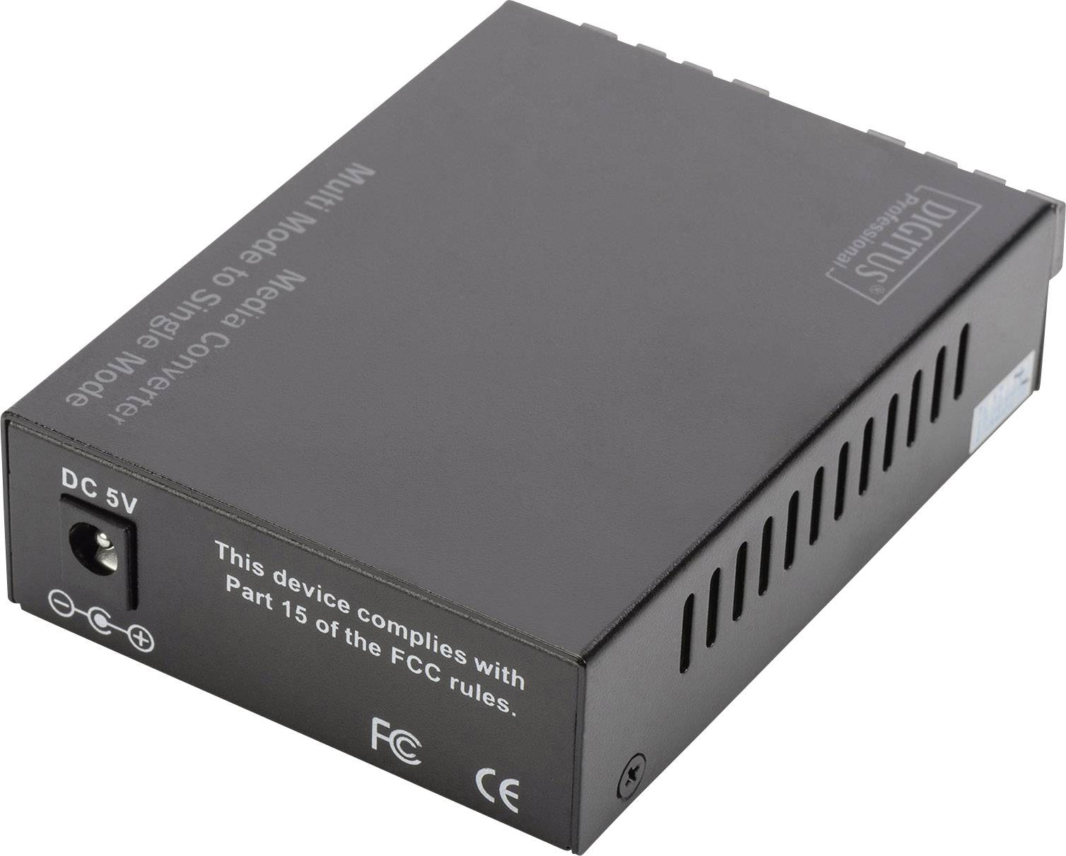 Convertisseur média noir portant l'étiquette « Cet appareil est conforme à la partie 15 des règles de la FCC ». Comprend des connexions et des fentes de ventilation.