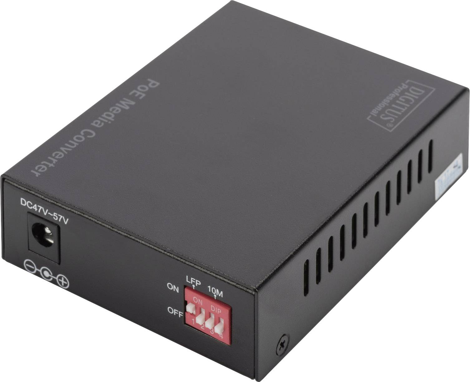 Convertisseur de média PoE noir de forme rectangulaire avec des fentes de ventilation, entrée CC et interrupteur avec positions marche/arrêt.