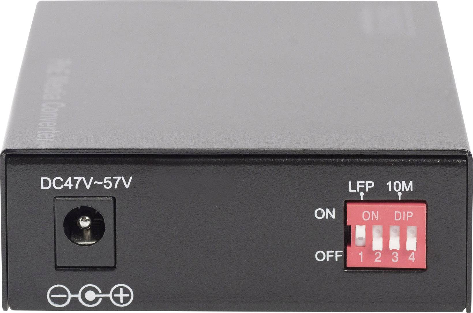 Un convertisseur média noir avec un port DC 47V-57V et un commutateur DIP rouge à quatre interrupteurs.