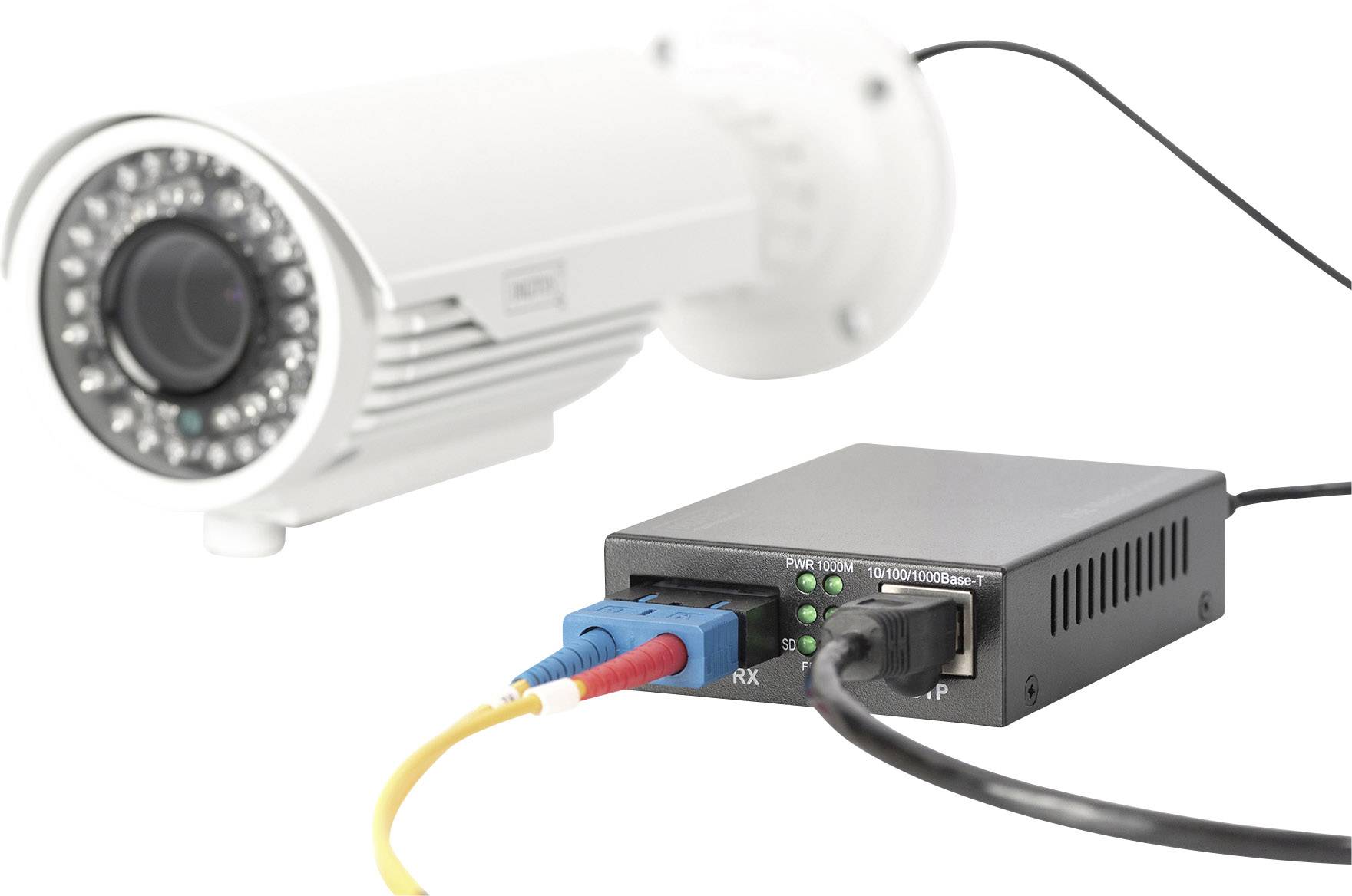 Une caméra de surveillance blanche est connectée à un module réseau noir.