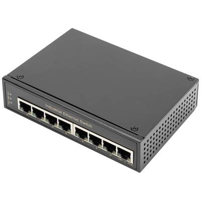 Un commutateur Ethernet industriel noir avec huit ports réseau sur l'avant.
