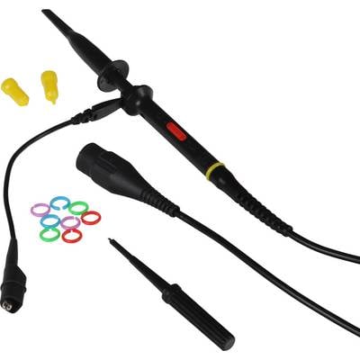 Un oscilloscope noir avec des têtes de sonde de différentes couleurs de bague et deux capuchons de protection jaunes, adapté aux mesures électriques.