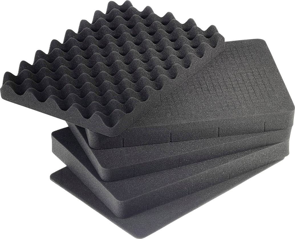Quatre insertions en mousse noire, deux avec surface ondulée et deux avec surface lisse, empilées les unes sur les autres. Idéal pour l'emballage.