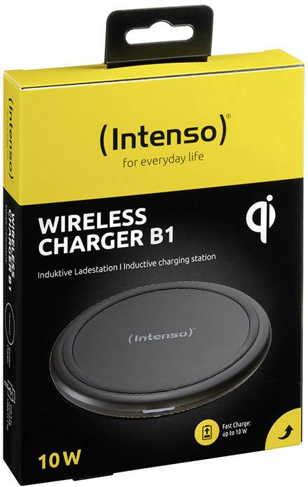 Chargeur sans fil, modèle 'Intenso Wireless Charger B1', capable de 10W de puissance, certifié Qi, avec un design d'emballage jaune et noir.
