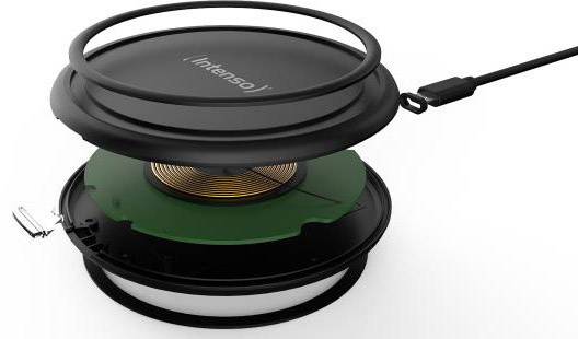 Un chargeur sans fil démonté, composé d'une surface noire avec le logo 'Intenso', d'une bobine sous-jacente et d'un câble de connexion.