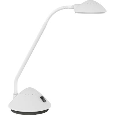 Lampe de bureau blanche au col flexible et à l'abat-jour rond. Interrupteur à la base. Design moderne, minimaliste.