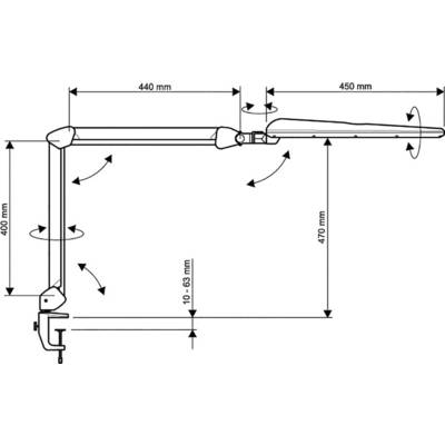 Dessin d'un bras pivotant réglable avec dimensions : 440 mm, 450 mm et 400 mm. Réglable en hauteur de 10 à 63 mm.