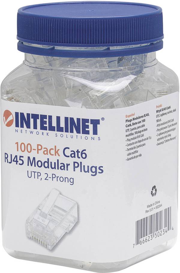 Intellinet Kabel Pack de 100 modules RJ45 catégorie 6 Intellilnet, fiche modulaire UTP, 2 points, pour câble 100 fiches mâles par poche 502344 Contact à sertir   Nombre de pôles 8P8C transparent 100 pc(s)