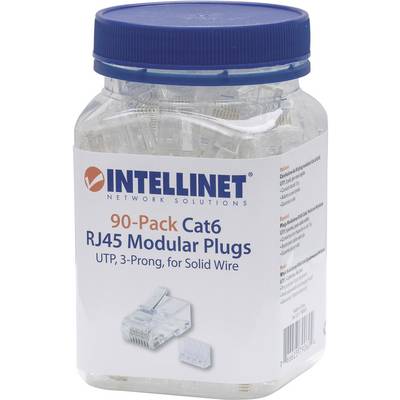 Boîte contenant 90 connecteurs modulaires RJ45 Intellinet Cat6 pour câbles UTP, à 3 broches, pour câbles à brins solides. L'étiquette indique la description du produit.