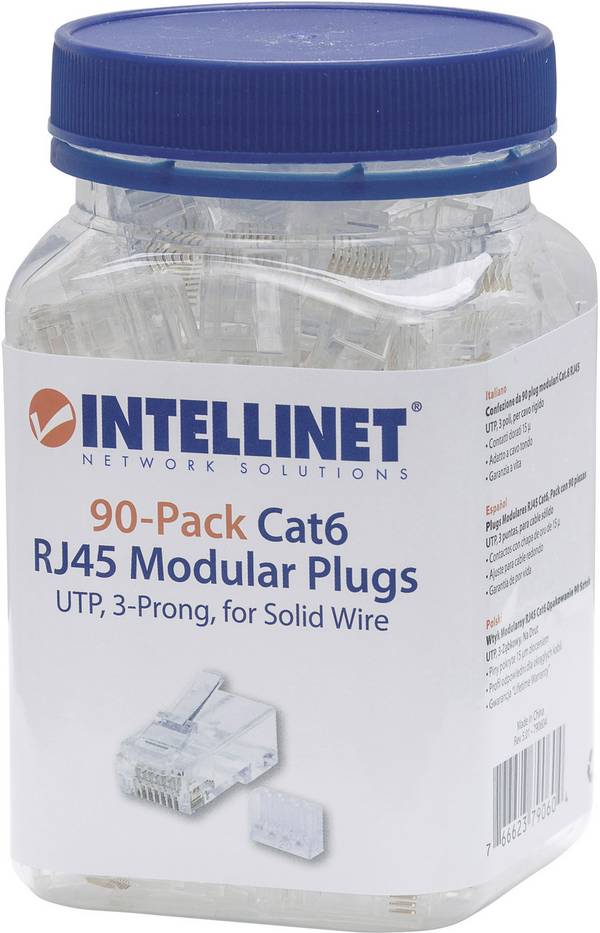 Intellinet Kabel Connecteur modulaire RJ45 UTP 3 points pour câble massif 90 mâle dans la tasse, Intellinet 90-Pack Cat6 790604 Contact à sertir   Nombre de pôles 8P8C transparent 90 pc(s)