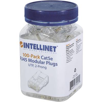 Un conteneur en plastique portant l'inscription « Intellinet Pack de 100 fiches modulaires RJ45 Cat5e ». Contient des connecteurs transparents pour câbles réseau.