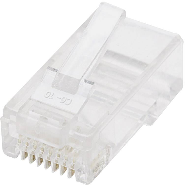Un connecteur RJ45 transparent utilisé dans les câbles réseau. Il dispose de huit contacts en cuivre et d'un clip de verrouillage.