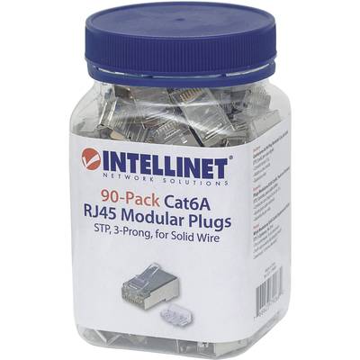 Un conteneur en plastique contenant 90 connecteurs modulaires RJ45 Cat6A d'Intellinet, adaptés aux câbles solides, dans un bocal en verre transparent à vis.