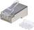 Une fiche RJ45 avec un capot en plastique transparent et un boîtier métallique, à côté d'un capuchon séparé en plastique transparent.