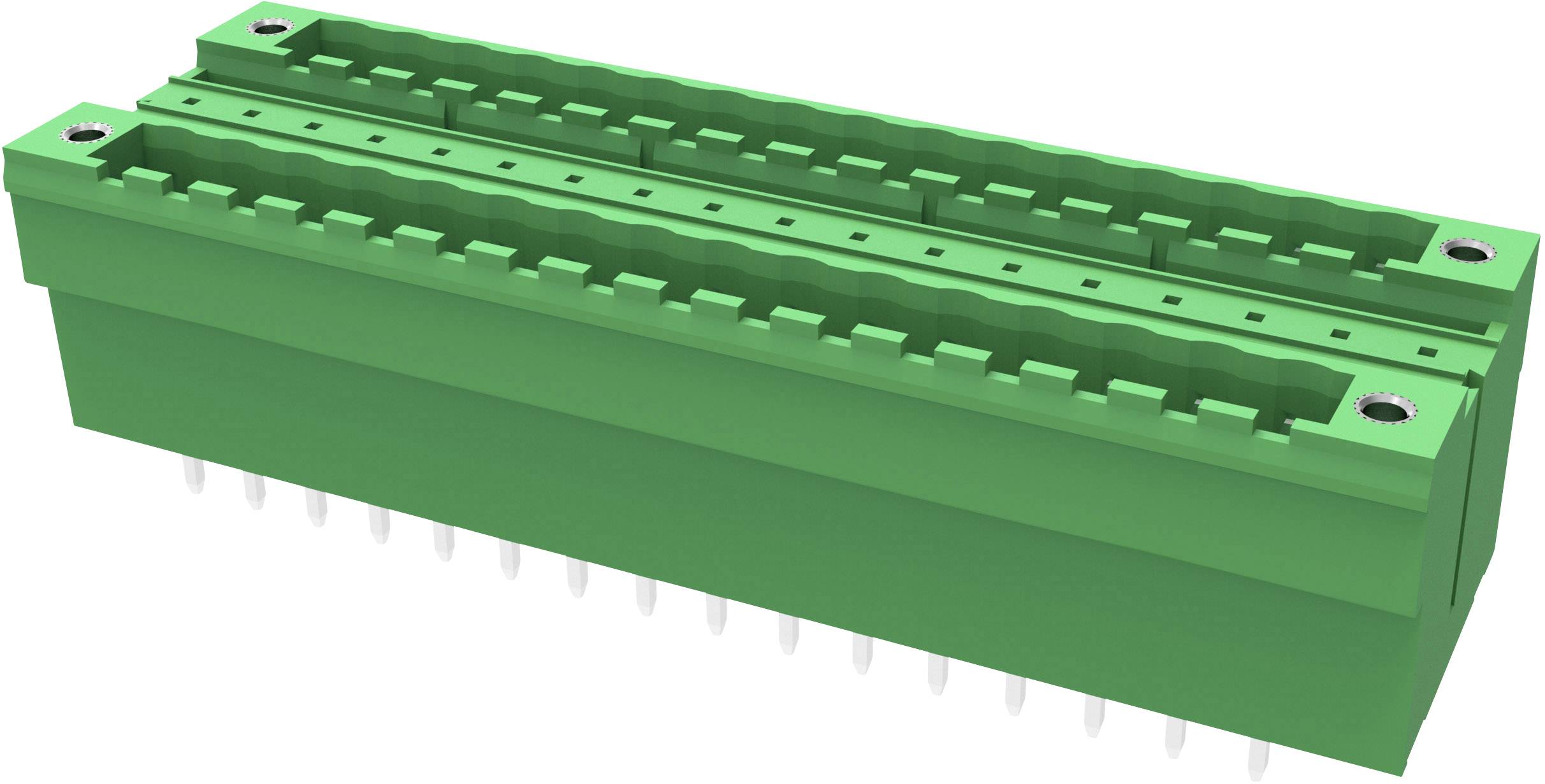 Connecteur électrique vert avec plusieurs broches métalliques pour montage sur circuit imprimé, vue de côté.