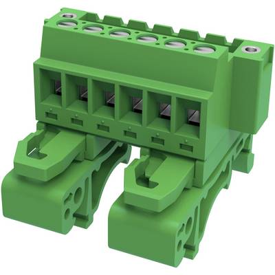 Connecteur vert à cinq pôles, avec deux leviers sur la face inférieure. Utilisé pour les connexions électrotechniques.