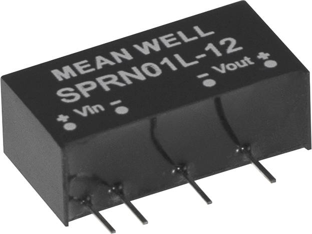 Un composant électronique noir portant l'inscription 'MEAN WELL SPRN01L-12', présentant des bornes pour Vn- et Vout+.