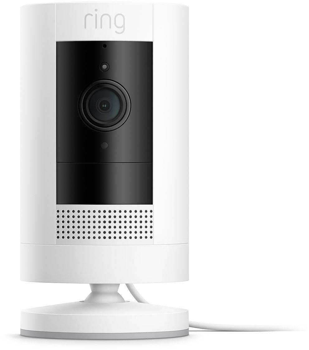 Caméra de surveillance avec boîtier blanc et haut-parleur intégré, installée sur un socle.