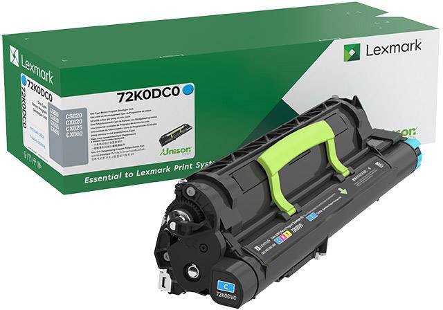 Une cartouche de toner noire Lexmark, modèle 72K0DC0, avec des poignées vertes à côté de son emballage correspondant.