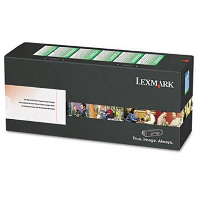 Emballage en carton noir pour cartouche d'imprimante Lexmark, avec des images colorées sur le côté et le slogan 'True. Image. Always.'