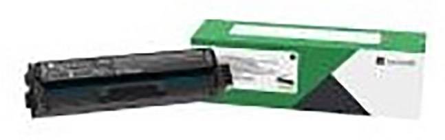 'Cartouche de toner dans son emballage, sur un fond blanc et vert. Convient pour les imprimantes laser. Nom du produit non lisible sur le carton.'