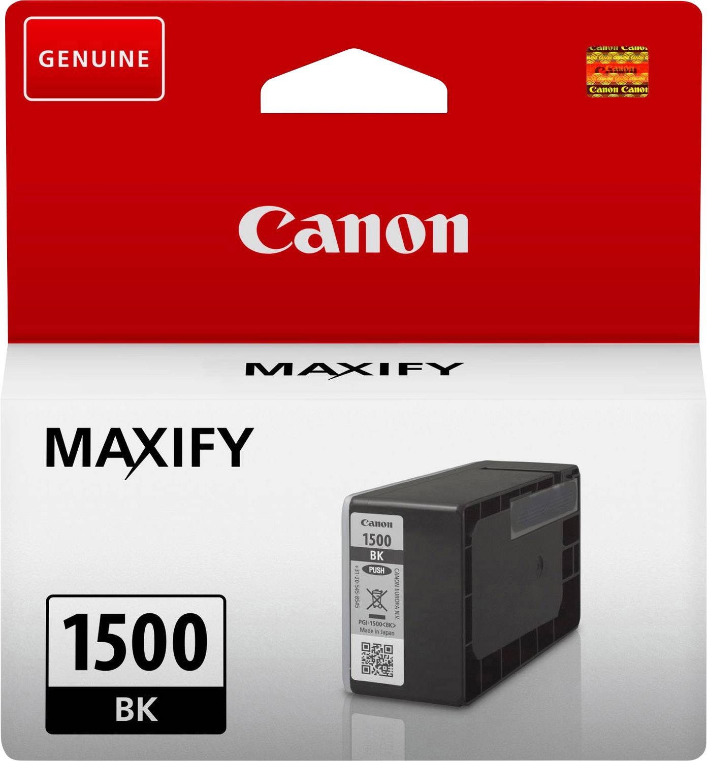 Cartouche d'encre Canon Maxify 1500 BK en noir. L'emballage présente le produit, compatible avec les imprimantes Maxify. Étiquette d'origine en haut.