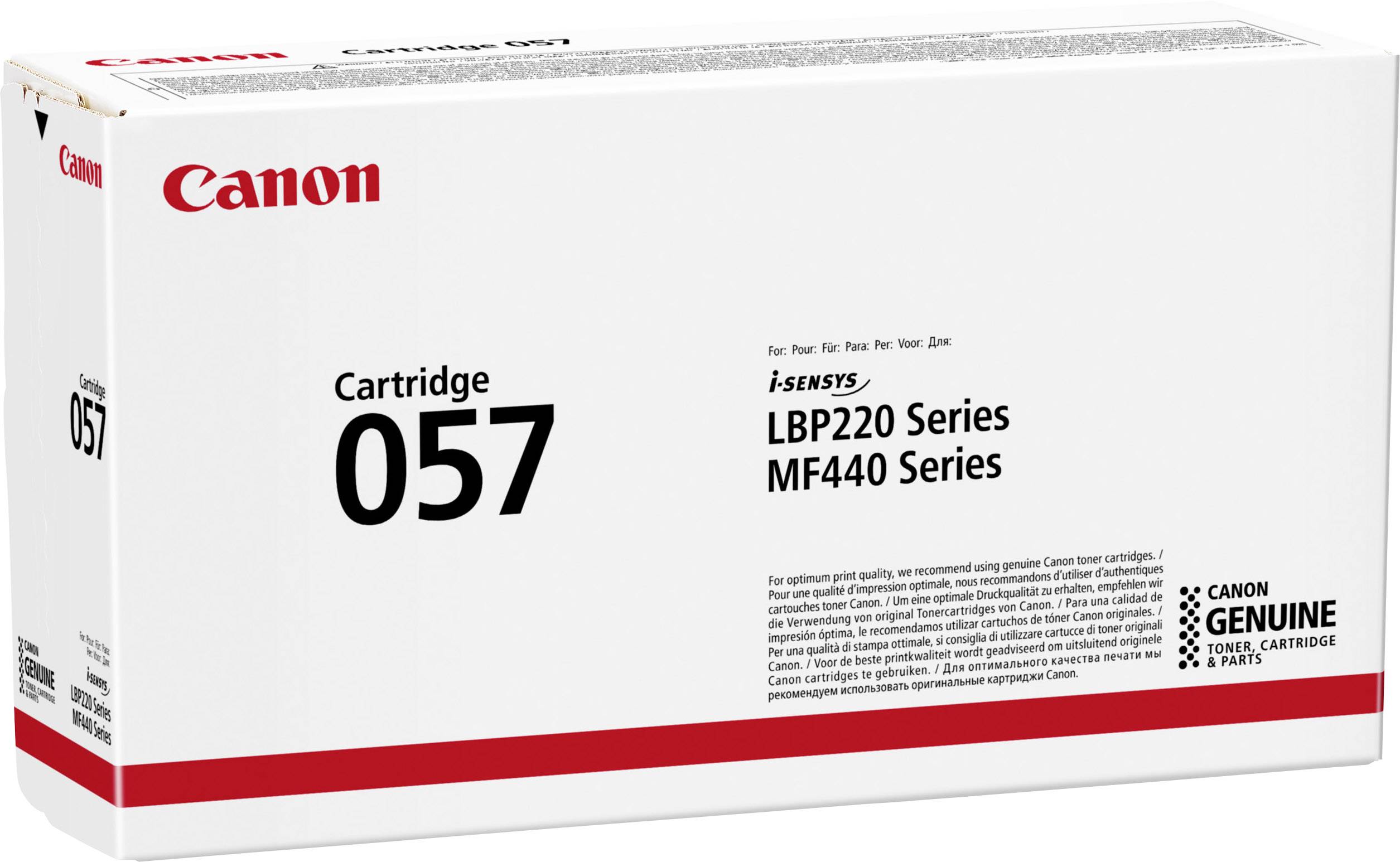 Cartouche d'encre Canon 057, compatible avec les séries d'imprimantes i-SENSYS LBP220 et MF440. L'emballage présente les informations sur le produit et la marque.