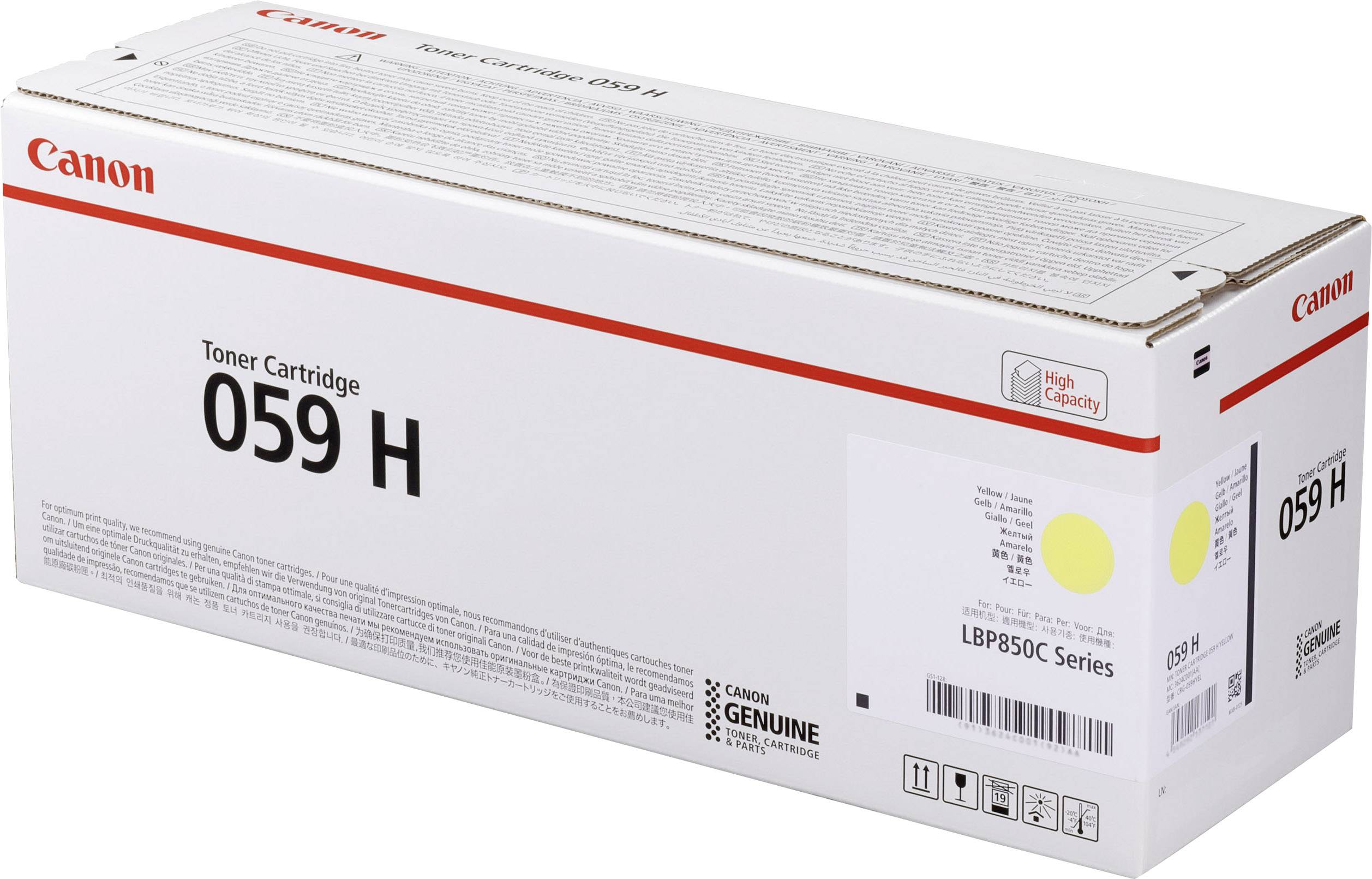 Un emballage blanc pour cartouche de toner Canon 059H, adapté à la série LBP850C, avec indication de haute capacité et code-barres.