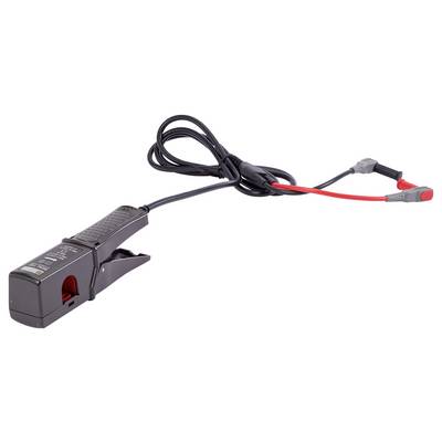 Un adaptateur de pince ampèremétrique noir avec un câble fixe et deux pinces crocodiles, une rouge et une noire, pour la mesure du courant.