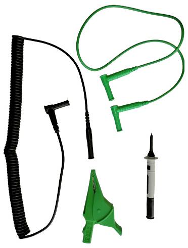 Un ensemble de câbles de test avec un câble vert et un câble noir, une pince crocodile et une pointe de touche. Accessoires pour mesures électriques.