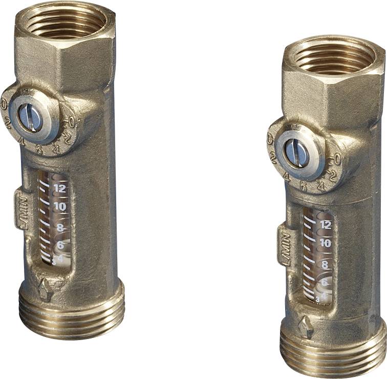 Deux tubes en laiton munis d'indicateurs de débit, chacun équipé d'une vanne réglable. Ils présentent des échelles de mesure du débit en litres par minute.
