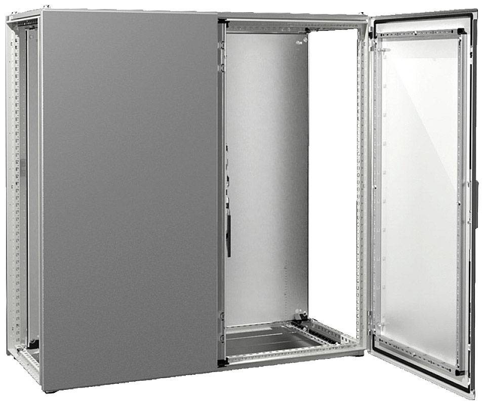 Un boîtier métallique gris ouvert, avec une ouverture de porte visible et un espace intérieur. Adapté au stockage d'équipements techniques.