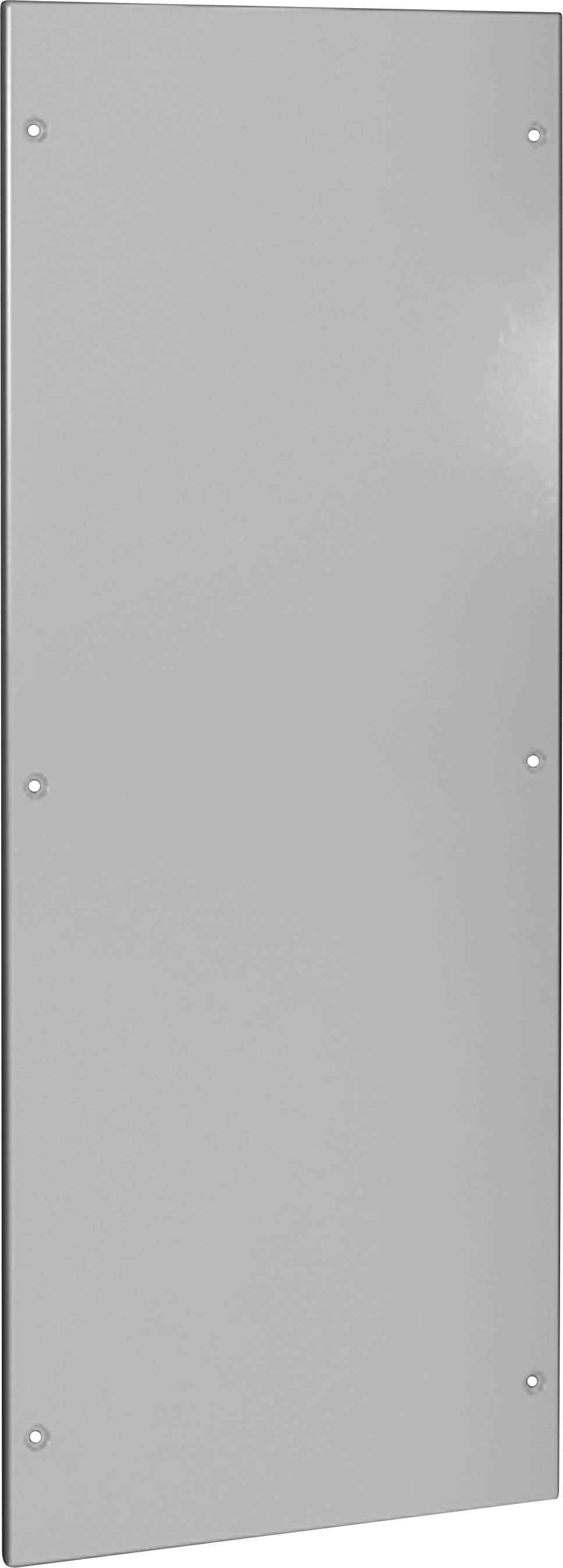 Plaque métallique grise, rectangulaire, aux coins arrondis, avec des vis dans les quatre coins et sur les côtés.
