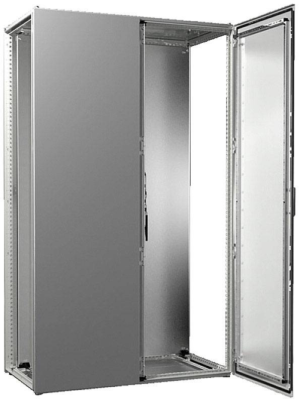 Un rack de serveur métallique ouvert et vide avec une porte vitrée à l'avant, adapté à l'installation d'équipements informatiques.