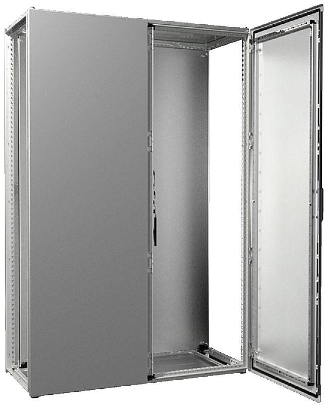 'Armoire métallique grise avec porte partiellement ouverte, montrant un espace intérieur destiné au rangement d'équipements ou de matériels.'