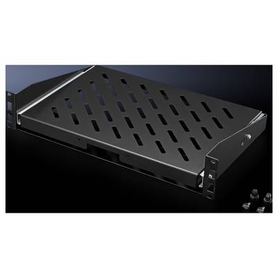 Un étagère métallique laquée en noir avec des fentes de ventilation inclinées, adaptable dans un rack serveur. Comprend des vis de fixation.