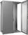 Une armoire métallique grise ouverte, sans contenu visible, avec une porte entrouverte, adaptée aux installations techniques.