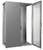 Un système d'armoire électrique gris et ouvert avec une structure intérieure visible. Fermé à gauche, avec une porte ouverte à droite.