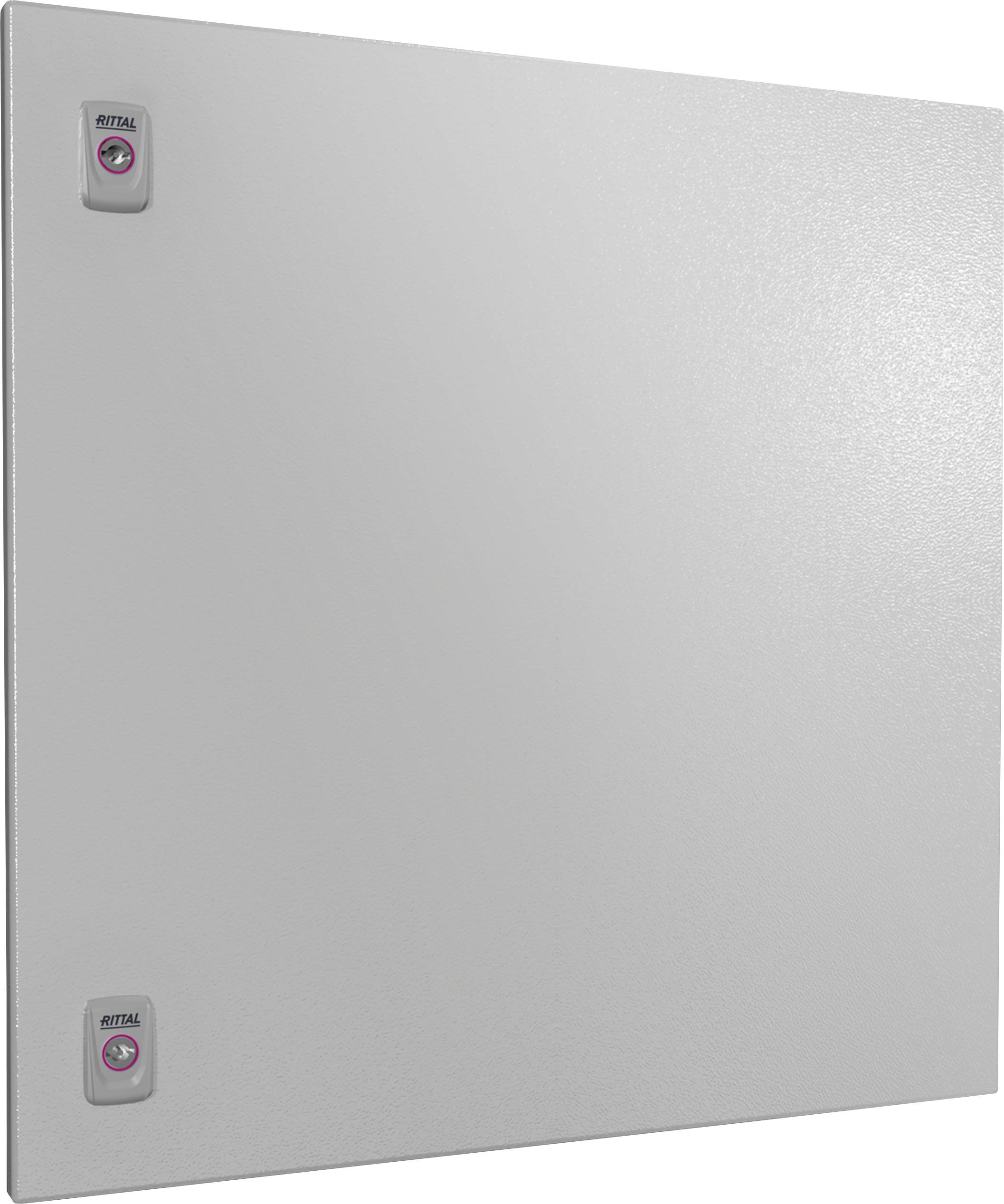 Couvercle métallique gris rectangulaire avec deux verrous sur le côté gauche, chacun portant l'inscription 'RITTAL'.