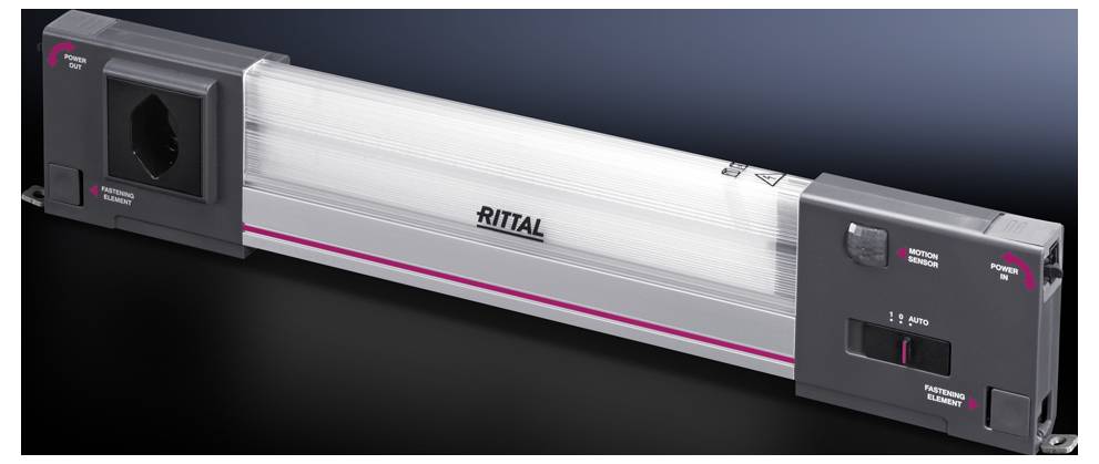 Unité d'éclairage de Rittal, adaptée aux boîtiers ou armoires techniques, avec interrupteur intégré, lampe LED et connexion pour prise électrique.