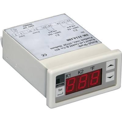 Appareil numérique d'affichage et de contrôle de température avec deux boutons et affichage LED. Indique la température actuelle en degrés Fahrenheit.