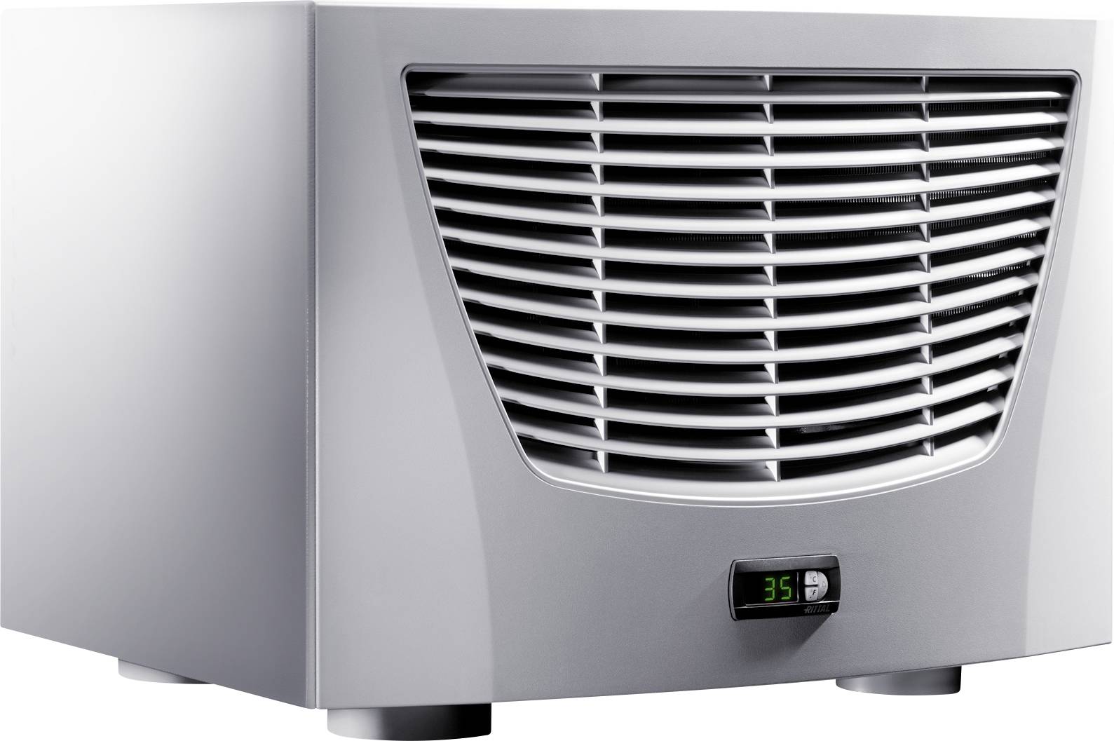 Un humidificateur d'air argenté et carré avec un affichage numérique de température. L'écran indique 35 degrés.