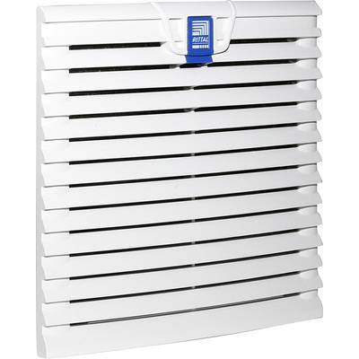 Grille de ventilation blanche avec des lamelles horizontales et un logo carré bleu au centre supérieur.